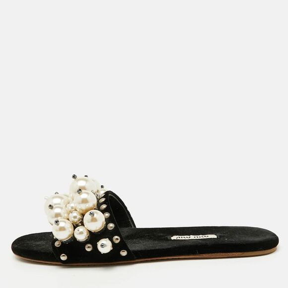Miu Miu Black Velvet Faux Pearl Embellished Flat Slide Sandals Size 36,New Products : American Fashion Style Bags On Sale